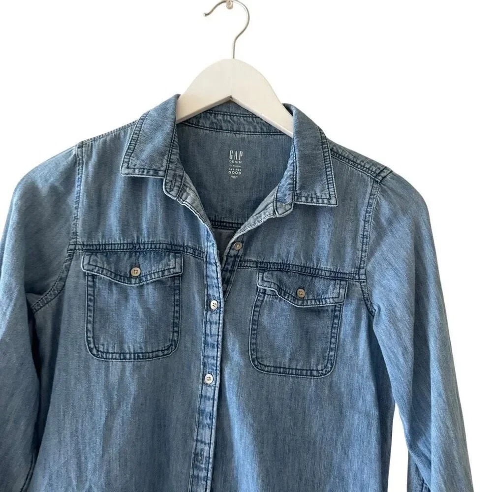 GAP Jean Button Front Long Sleeve Shirt Dress Girls Blue Denim XL (12-13)# 2508